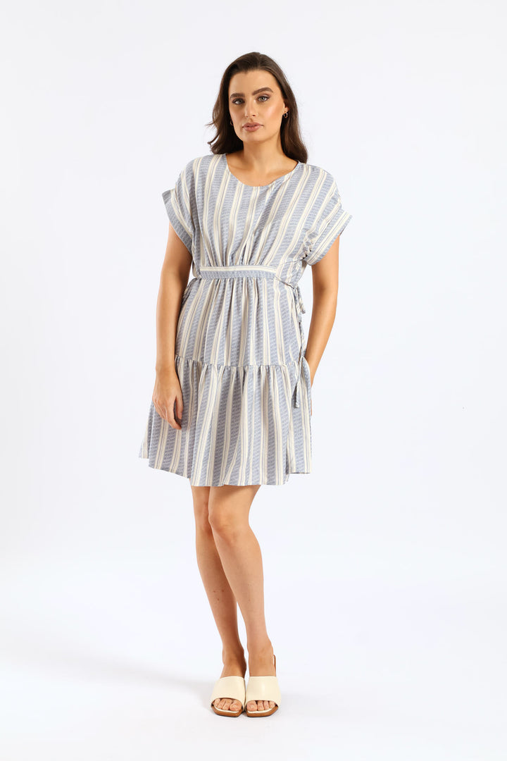 Turnup Sleeve Drawstring Waist Tiered Mini Dress - Cream/Blue