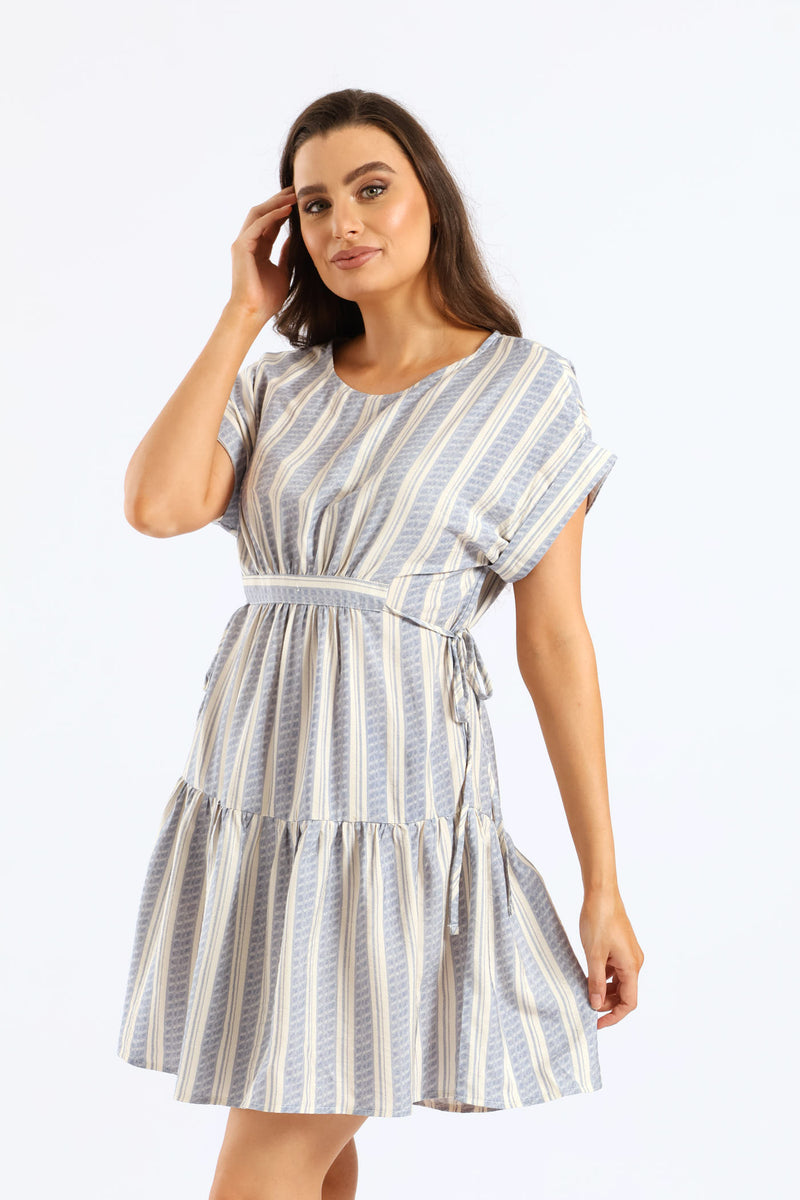 Turnup Sleeve Drawstring Waist Tiered Mini Dress - Cream/Blue