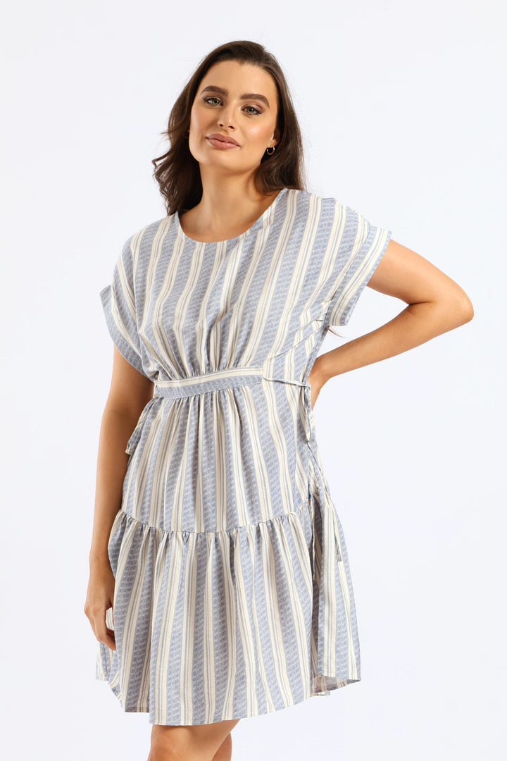 Turnup Sleeve Drawstring Waist Tiered Mini Dress - Cream/Blue