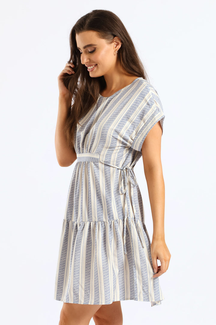 Turnup Sleeve Drawstring Waist Tiered Mini Dress - Cream/Blue