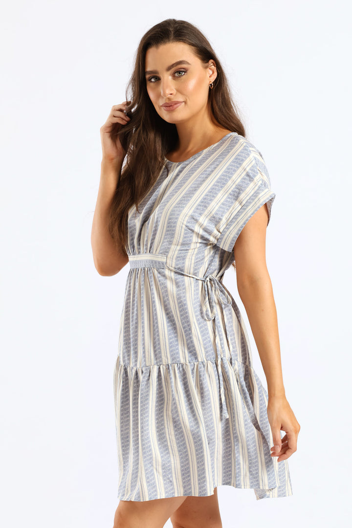 Turnup Sleeve Drawstring Waist Tiered Mini Dress - Cream/Blue