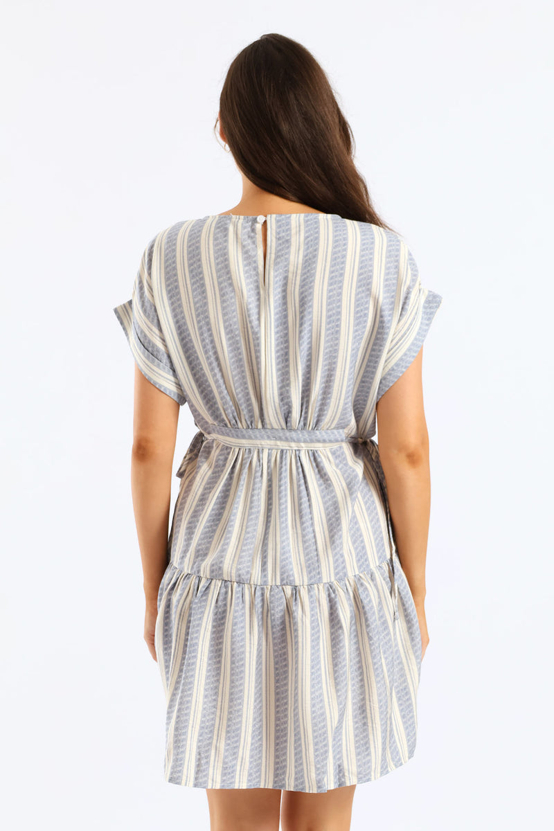 Turnup Sleeve Drawstring Waist Tiered Mini Dress - Cream/Blue