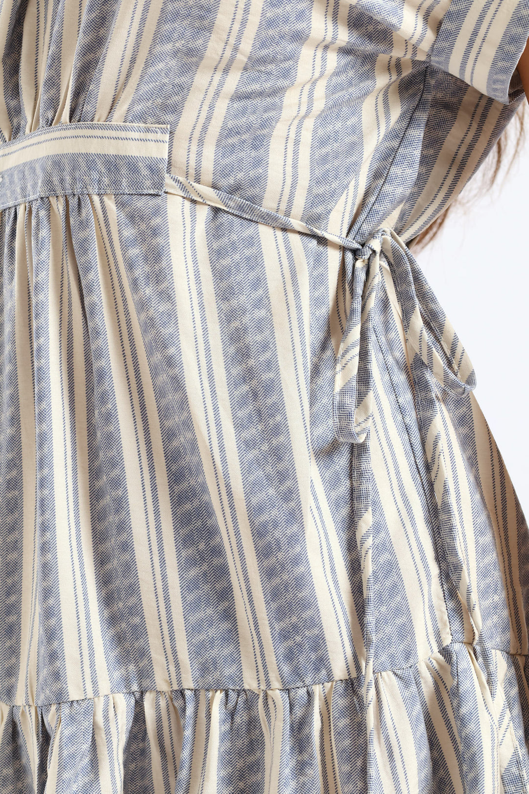 Turnup Sleeve Drawstring Waist Tiered Mini Dress - Cream/Blue