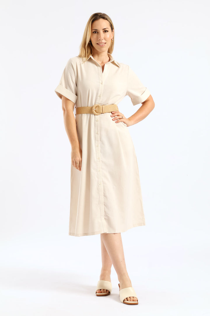 Turn Up Sleeve Raffia Belted Linen Midi Shirt Dress - Stone