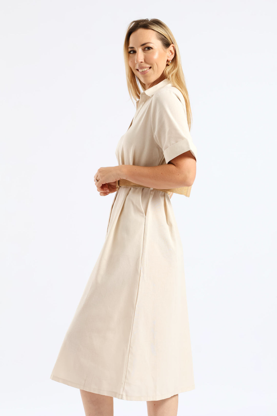 Turn Up Sleeve Raffia Belted Linen Midi Shirt Dress - Stone