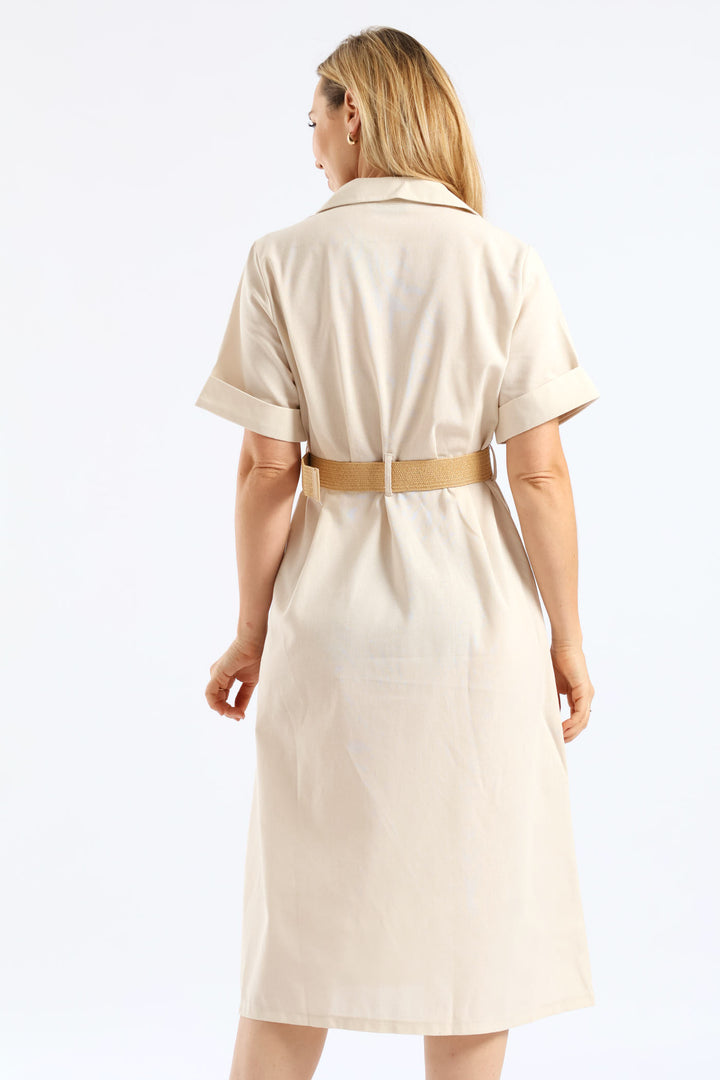 Turn Up Sleeve Raffia Belted Linen Midi Shirt Dress - Stone
