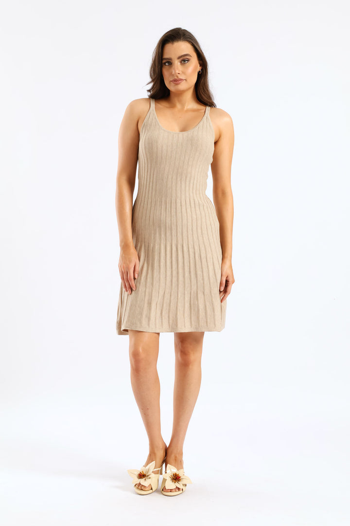 Scoop Neck Panelled Knitwear Skater Dress - Stone