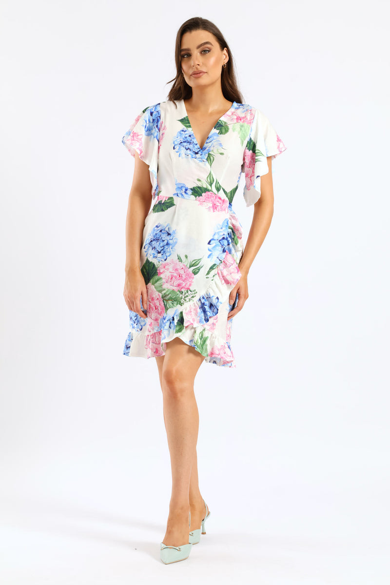 Frill Sleeve Wrap Frill Hem Mini Dress - White