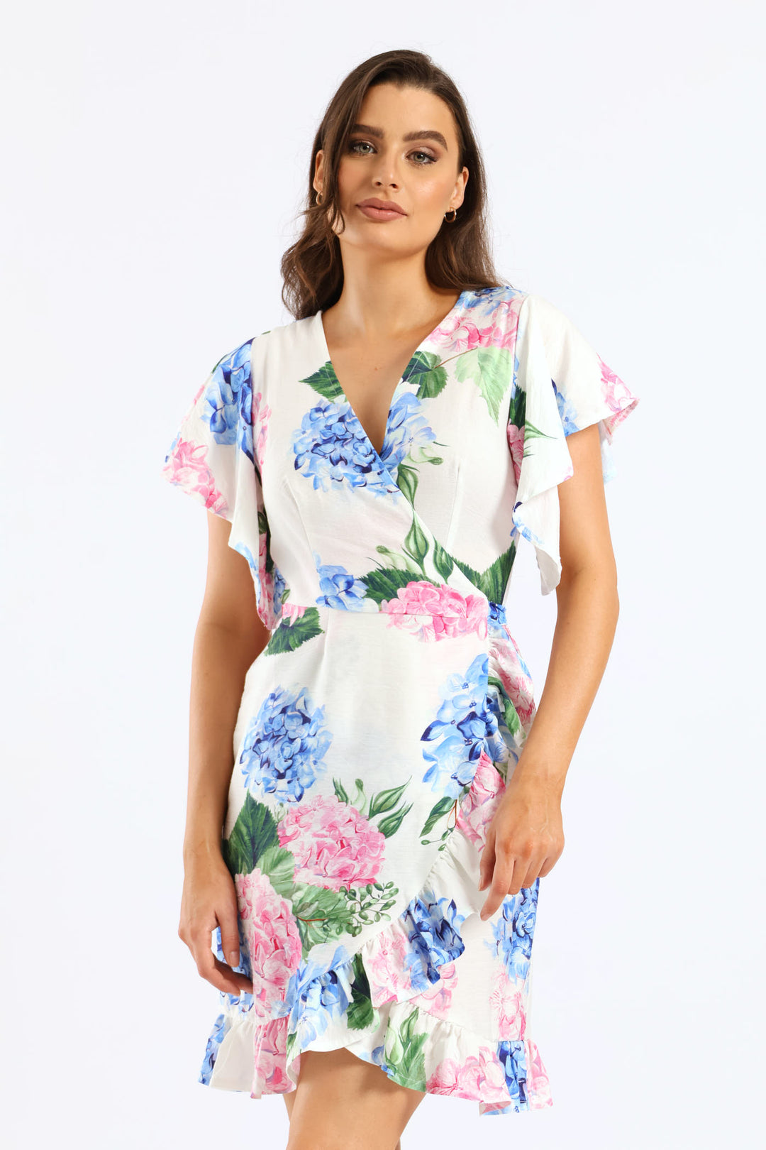 Frill Sleeve Wrap Frill Hem Mini Dress - White