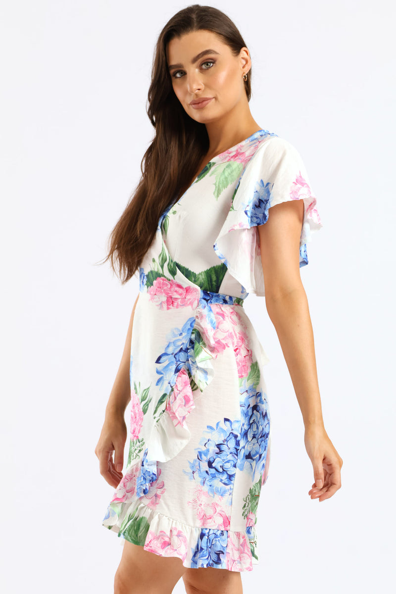 Frill Sleeve Wrap Frill Hem Mini Dress - White