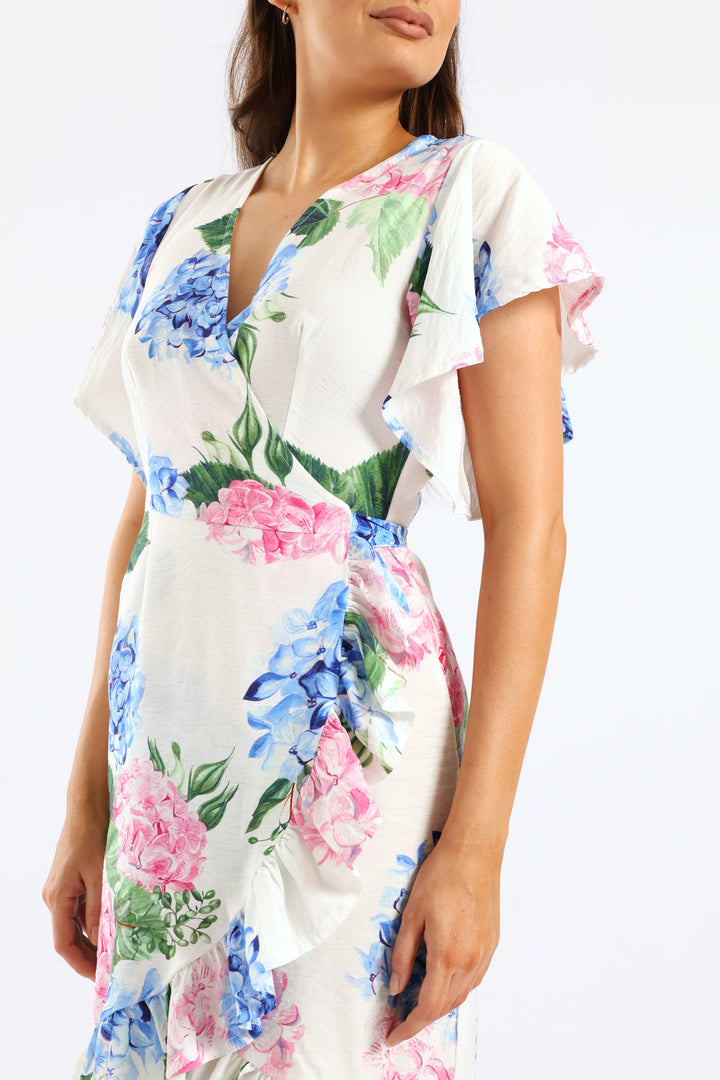 Frill Sleeve Wrap Frill Hem Mini Dress - White