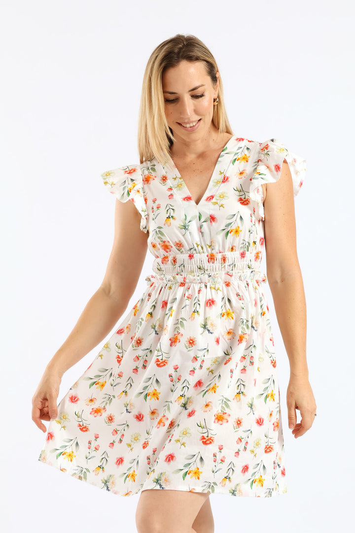 V-Neck Shirred Bodice Frilly Fit & Flare Mini Dress - White/Blush