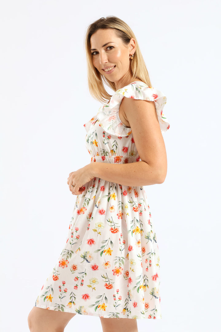 V-Neck Shirred Bodice Frilly Fit & Flare Mini Dress - White/Blush