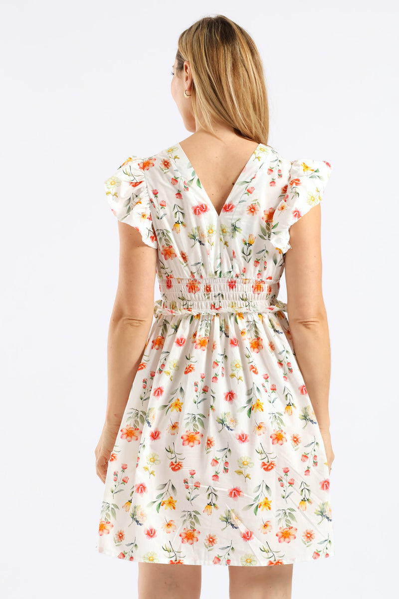 V-Neck Shirred Bodice Frilly Fit & Flare Mini Dress - White/Blush