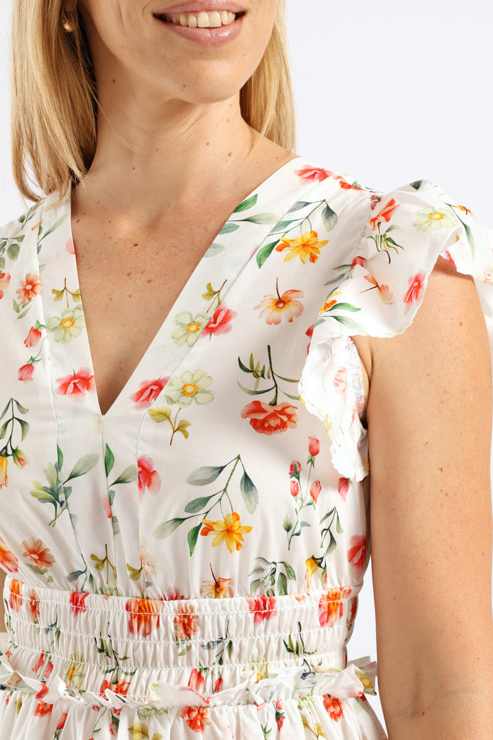 V-Neck Shirred Bodice Frilly Fit & Flare Mini Dress - White/Blush