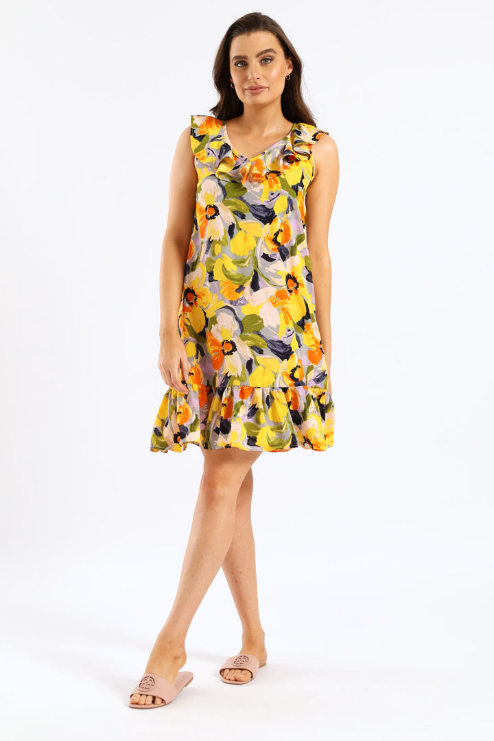 V-Neck Frill Hem Printed Mini Dress - Multi