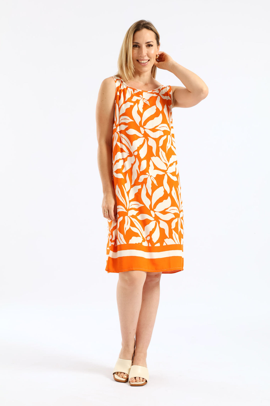 Border Print Shift Dress - White/Orange