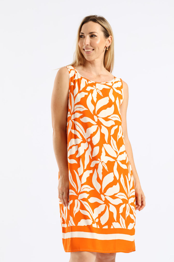 Border Print Shift Dress - White/Orange