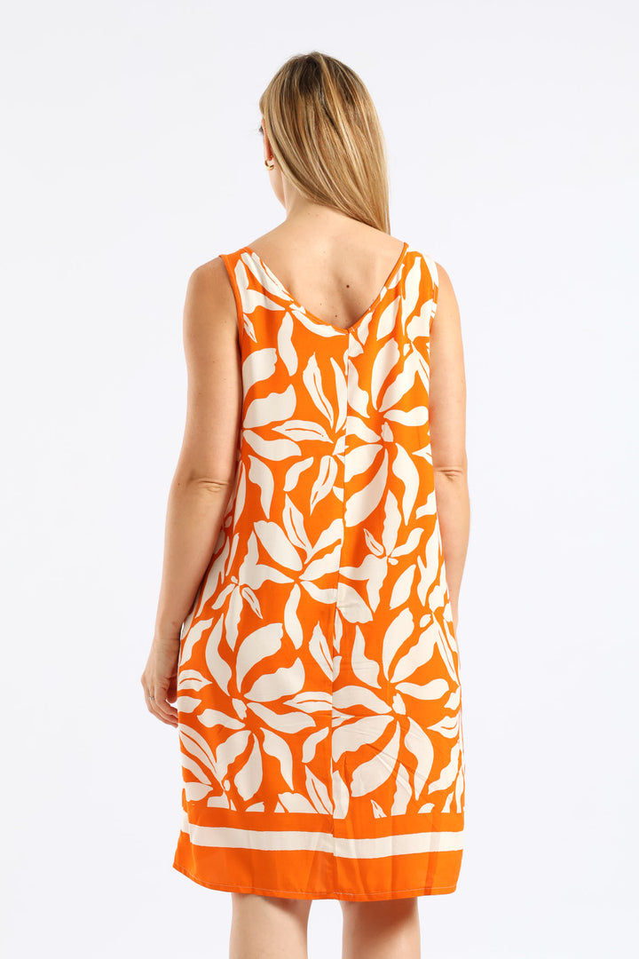 Border Print Shift Dress - White/Orange