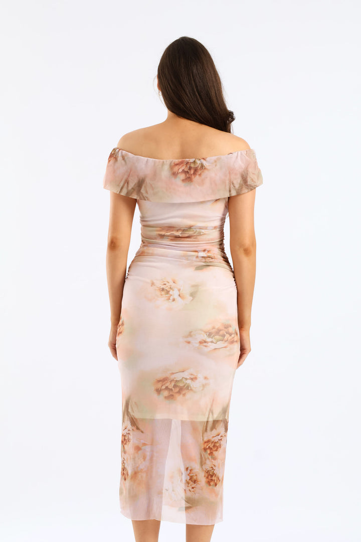 Off Shoulder Mesh Midi Dress - Blush