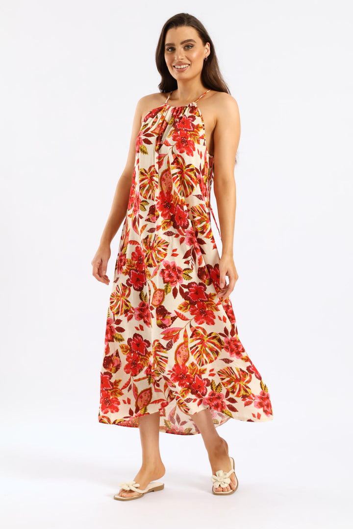 Hi-Neck Drawstring Back Tie Maxi Dress - Multi