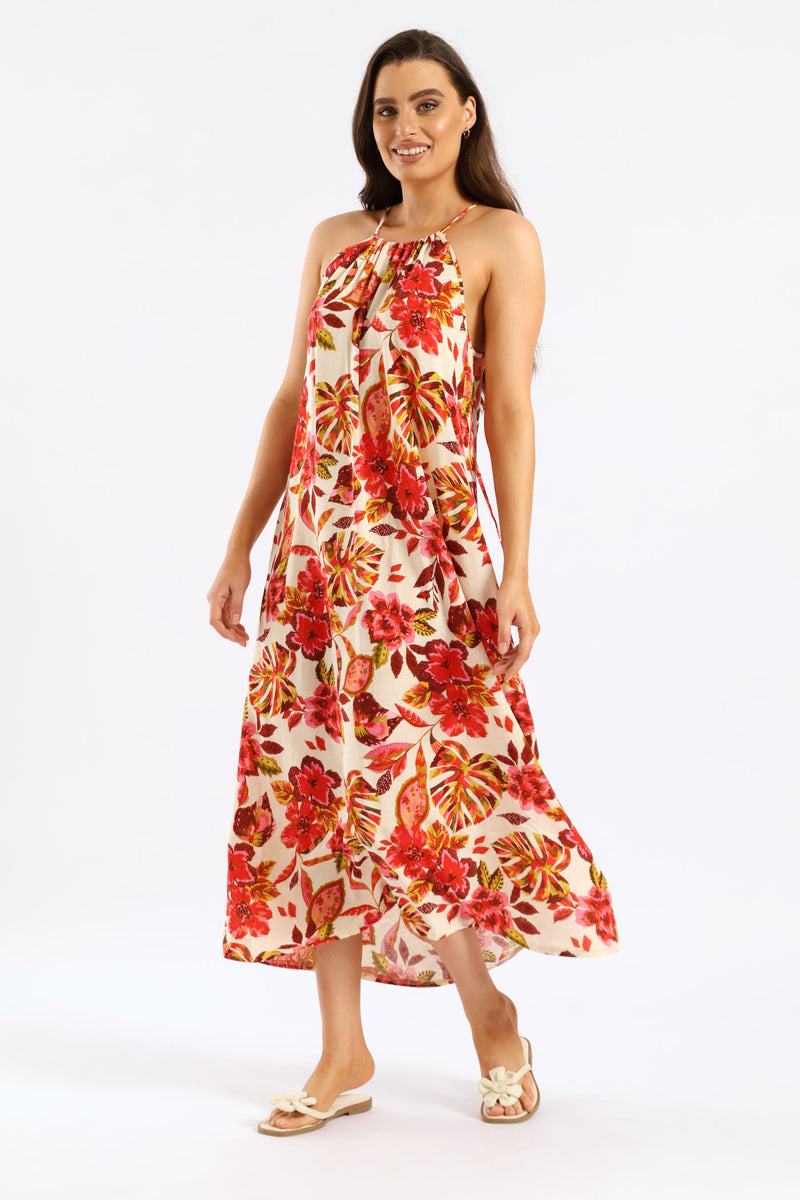 Hi-Neck Drawstring Back Tie Maxi Dress - Multi