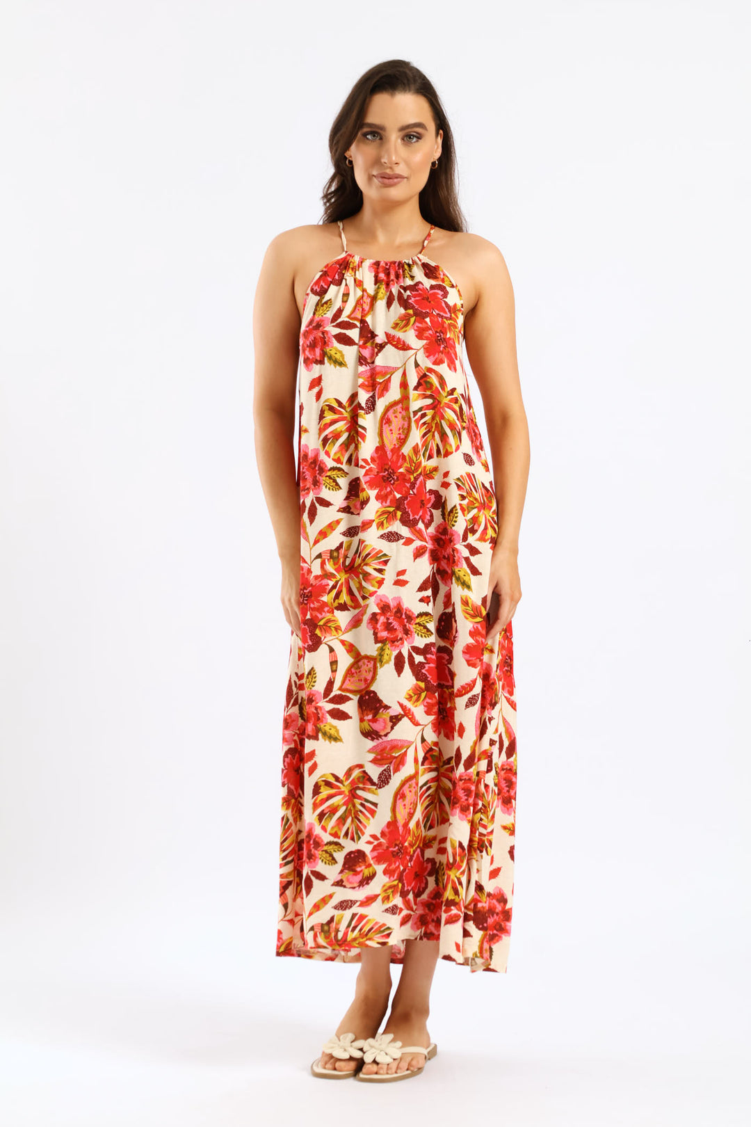 Hi-Neck Drawstring Back Tie Maxi Dress - Multi