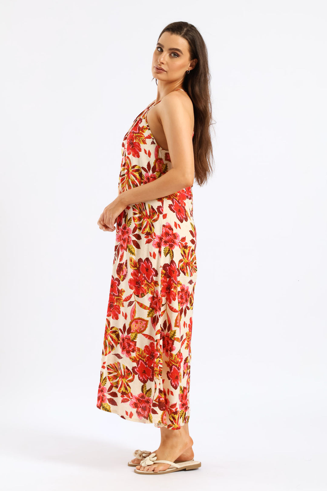 Hi-Neck Drawstring Back Tie Maxi Dress - Multi