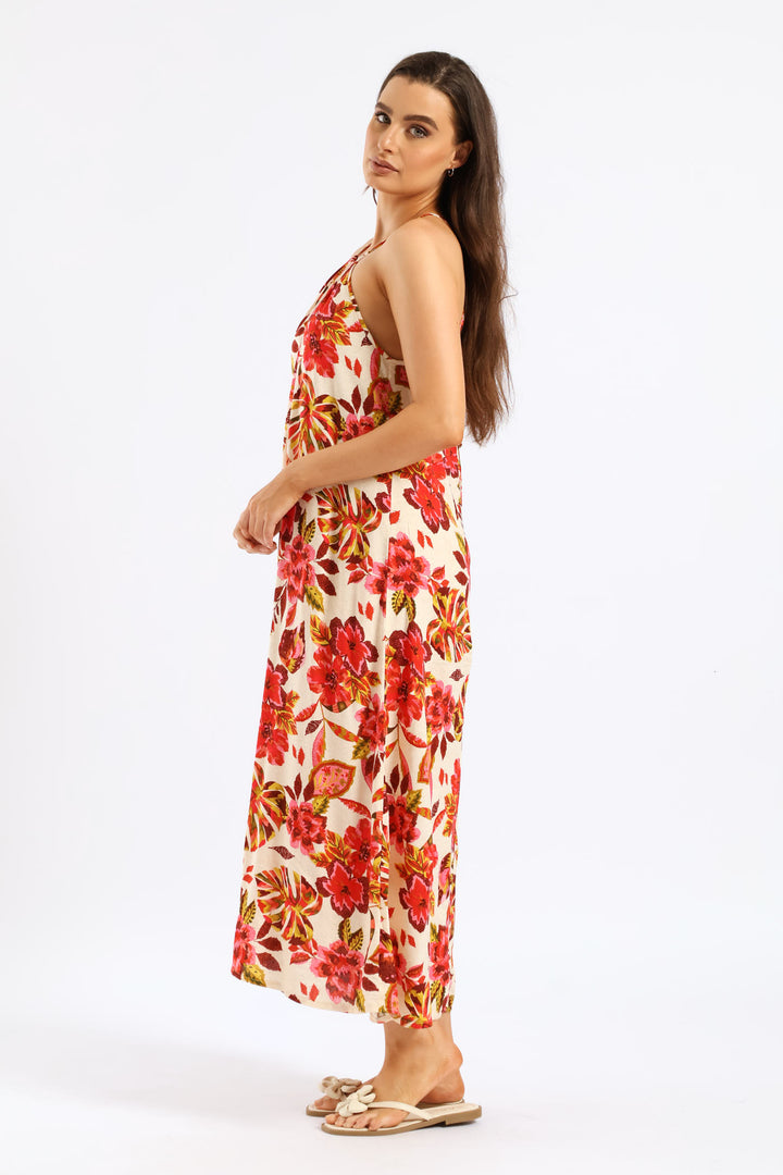 Hi-Neck Drawstring Back Tie Maxi Dress - Multi