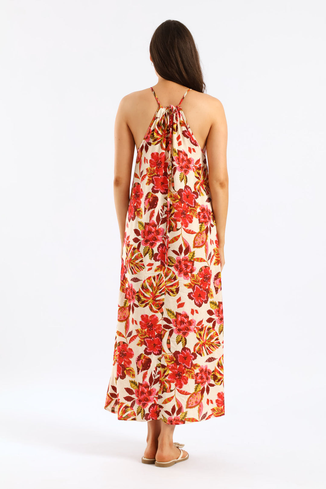 Hi-Neck Drawstring Back Tie Maxi Dress - Multi