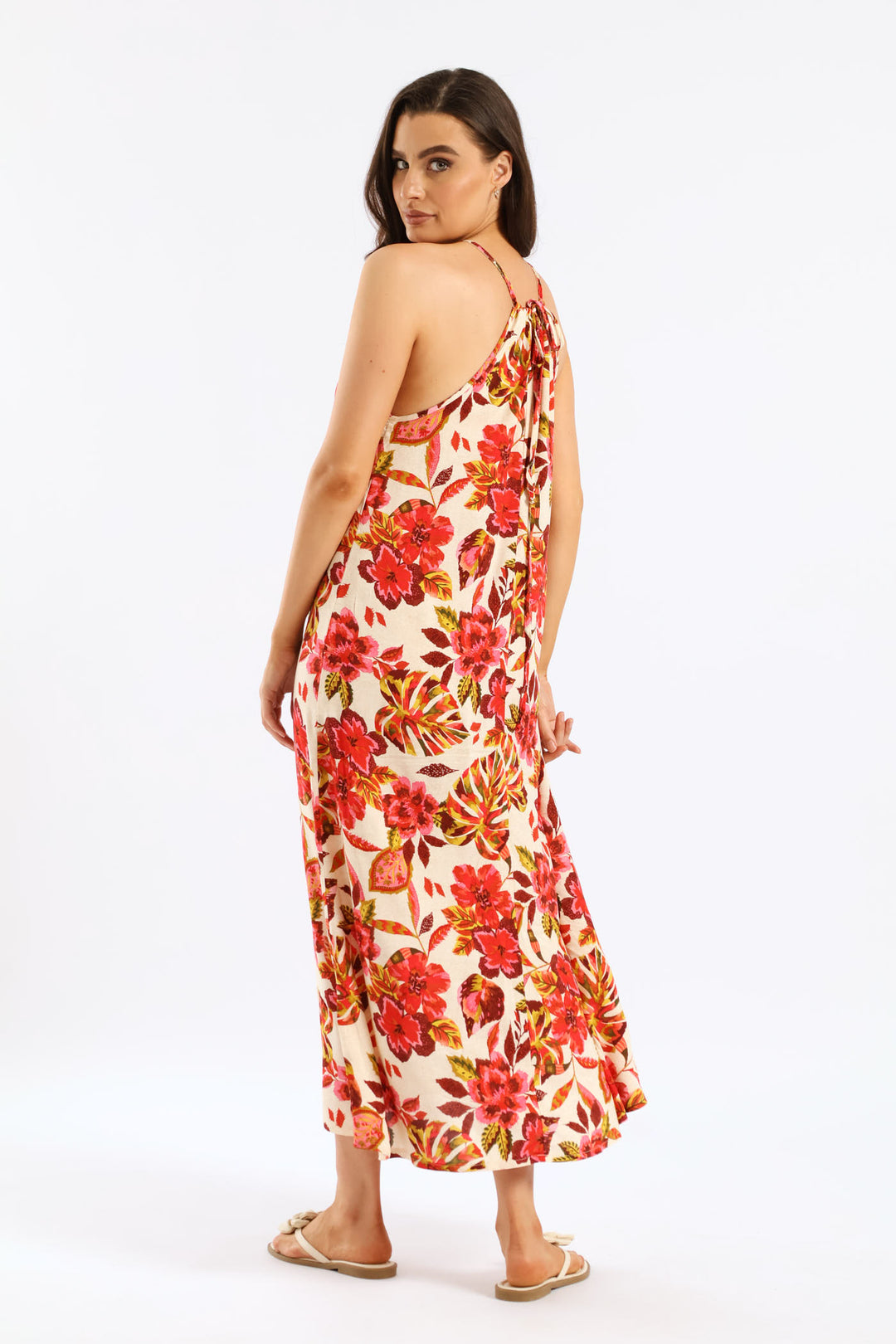 Hi-Neck Drawstring Back Tie Maxi Dress - Multi
