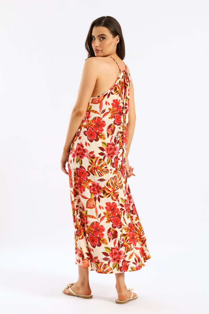 Hi-Neck Drawstring Back Tie Maxi Dress - Multi