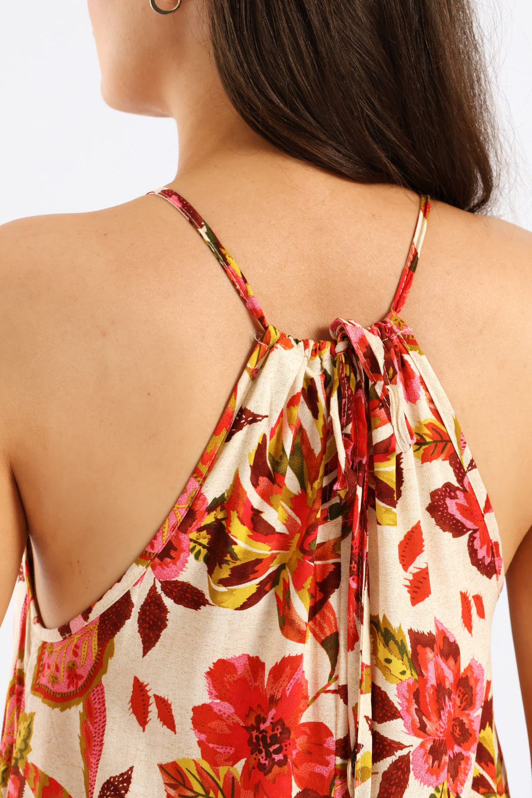 Hi-Neck Drawstring Back Tie Maxi Dress - Multi