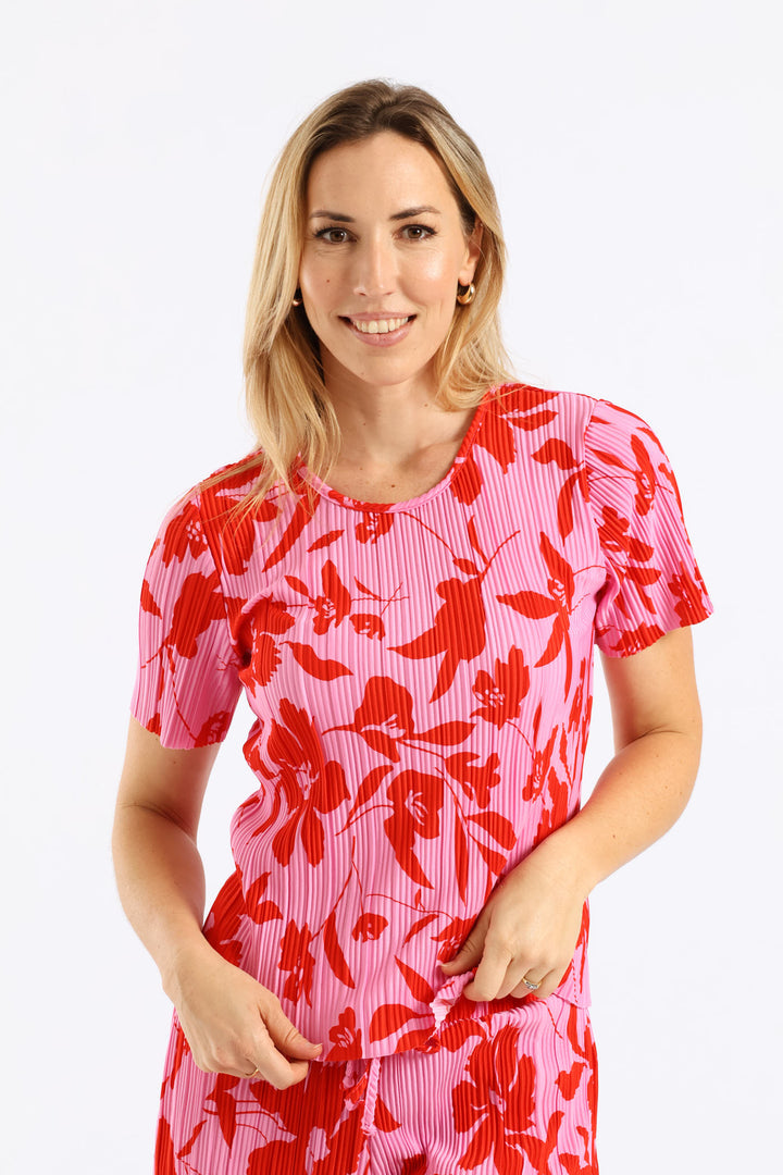 Plisse Two Tone Floral Tee - Red/Pink