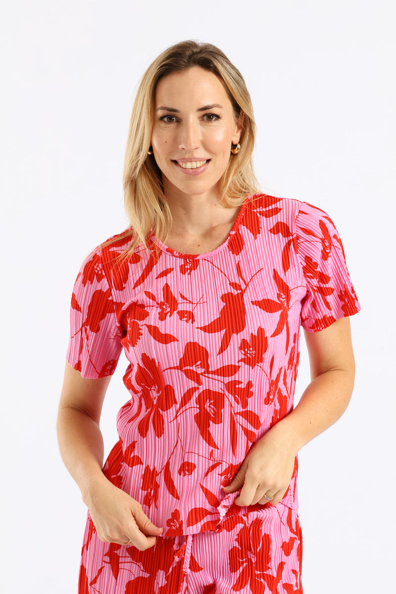 Plisse Two Tone Floral Tee - Red/Pink