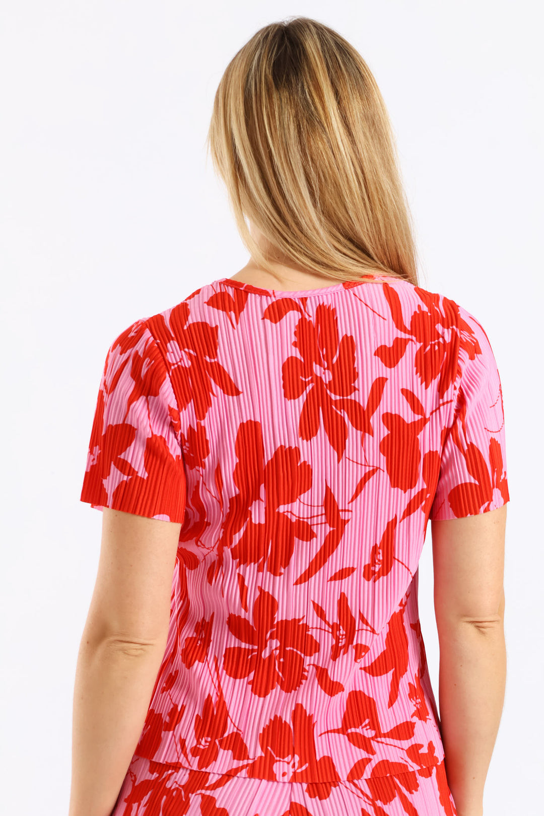 Plisse Two Tone Floral Tee - Red/Pink