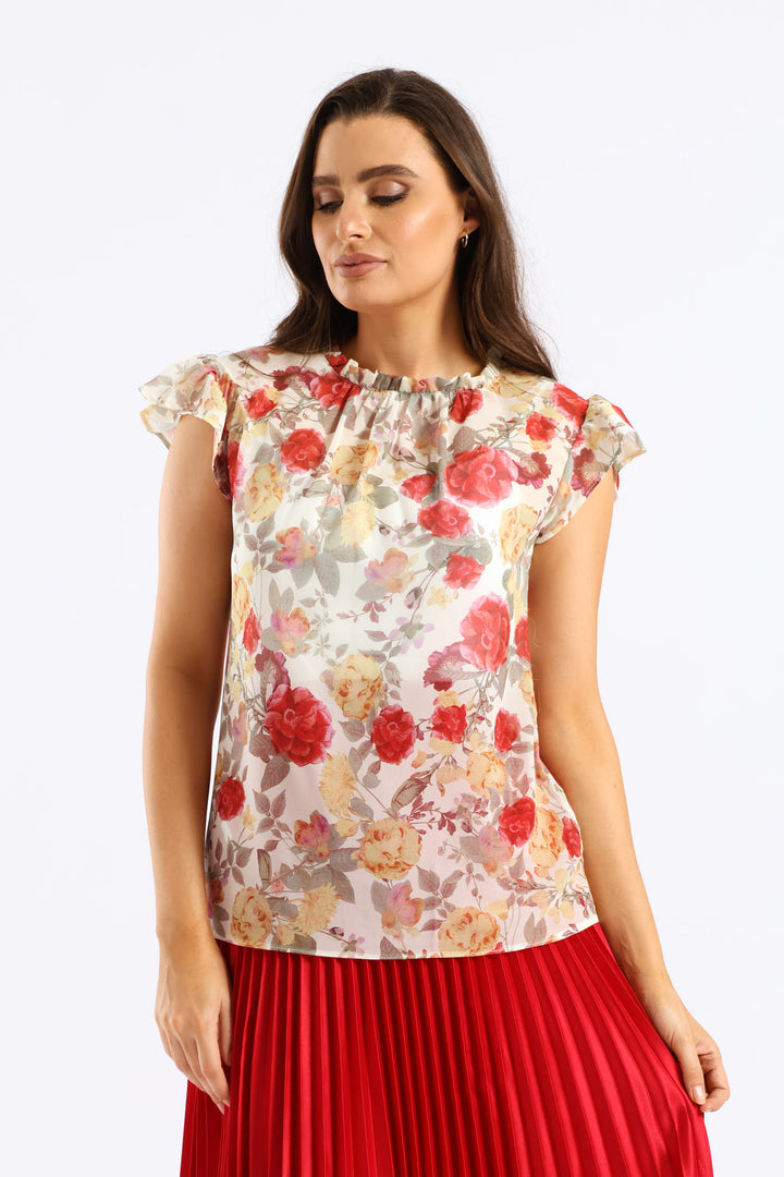 Frill Neck Romantic Floral Blouse - Cream