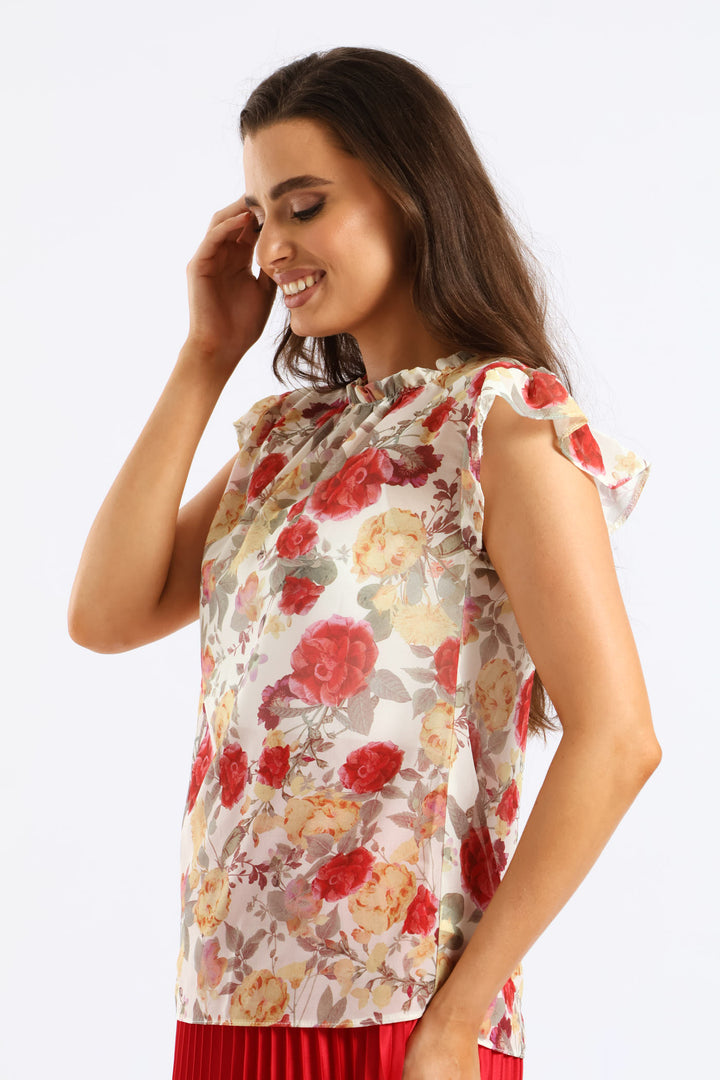 Frill Neck Romantic Floral Blouse - Cream