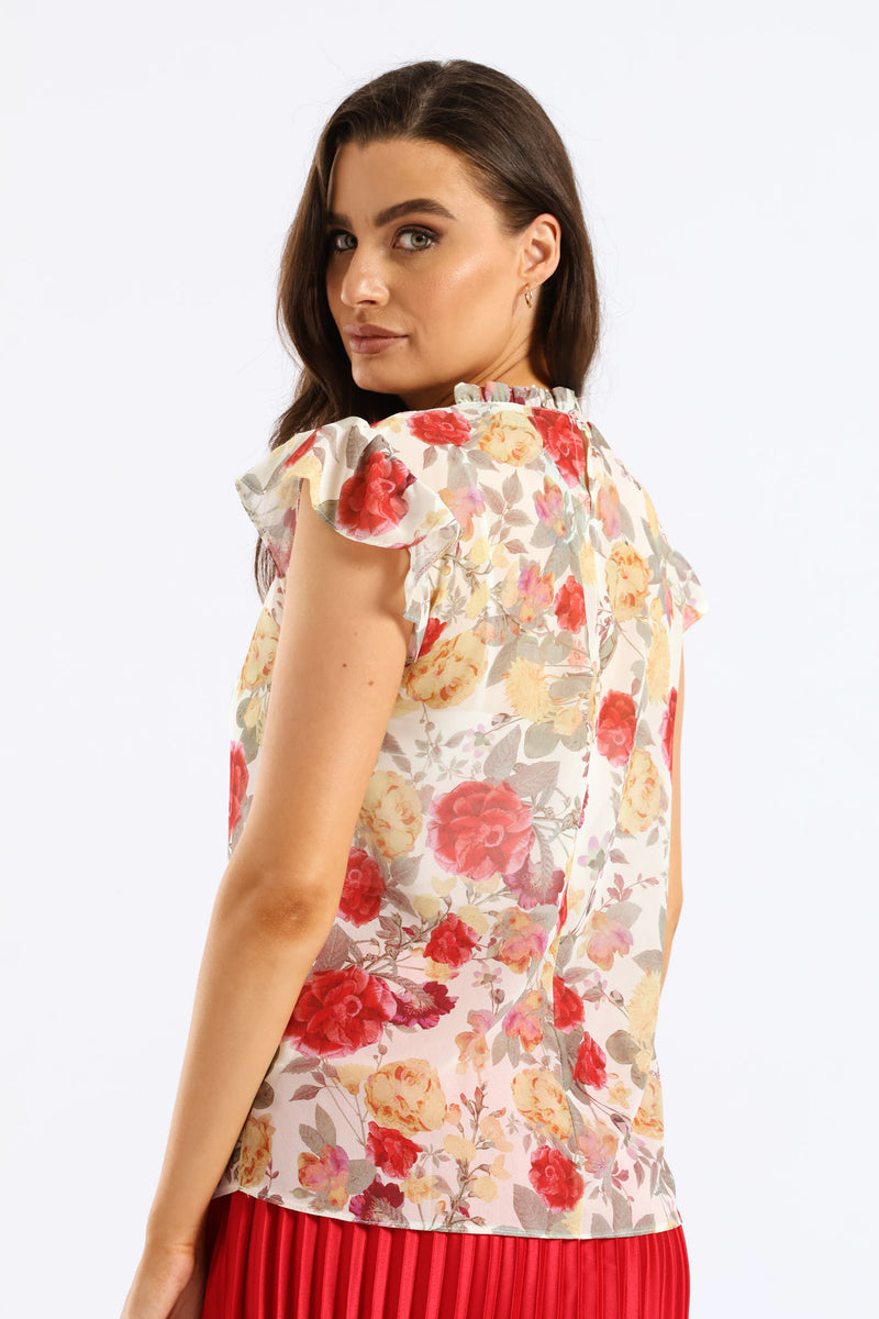 Frill Neck Romantic Floral Blouse - Cream