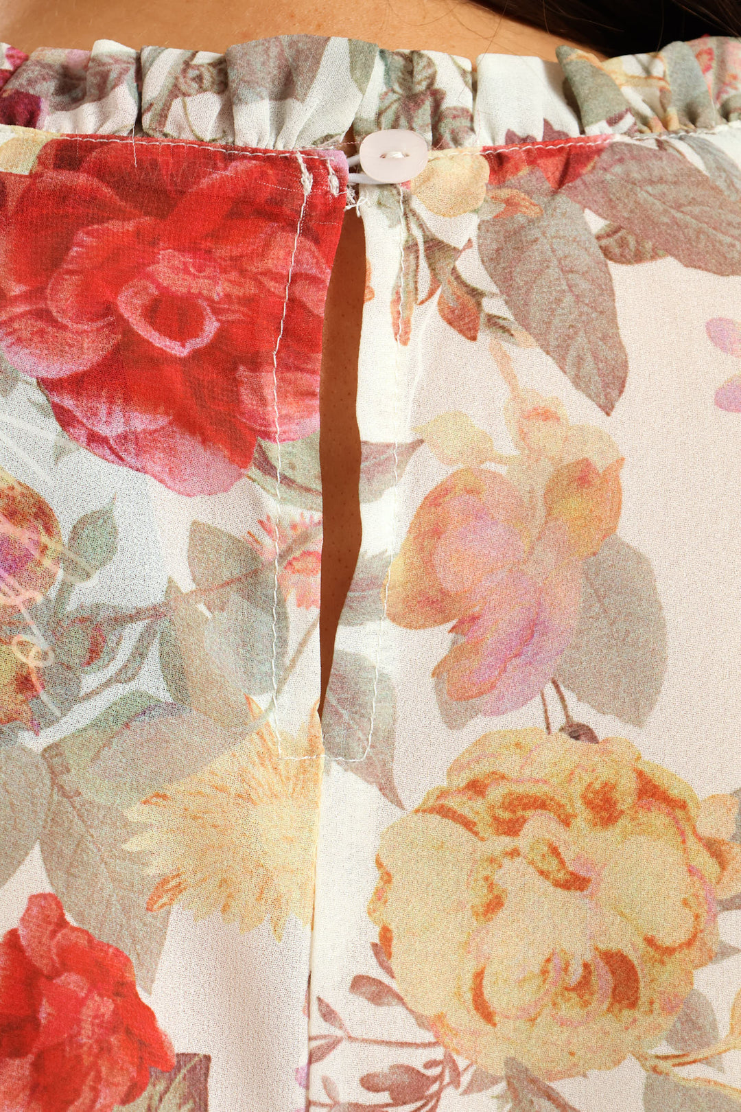 Frill Neck Romantic Floral Blouse - Cream