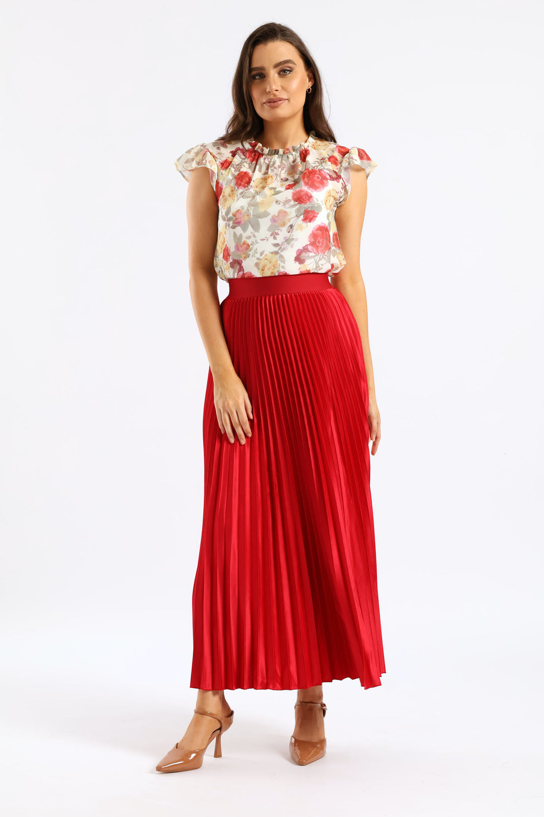 Pleated Satin Maxi Skirt - Red