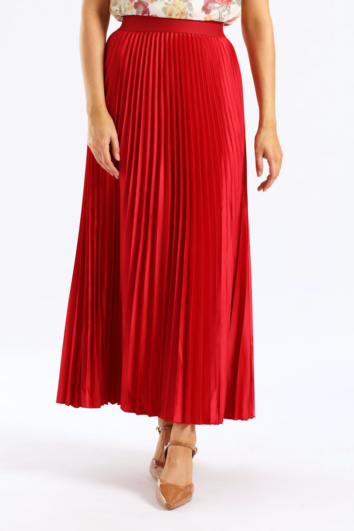 Pleated Satin Maxi Skirt - Red