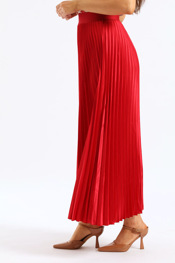 Pleated Satin Maxi Skirt - Red