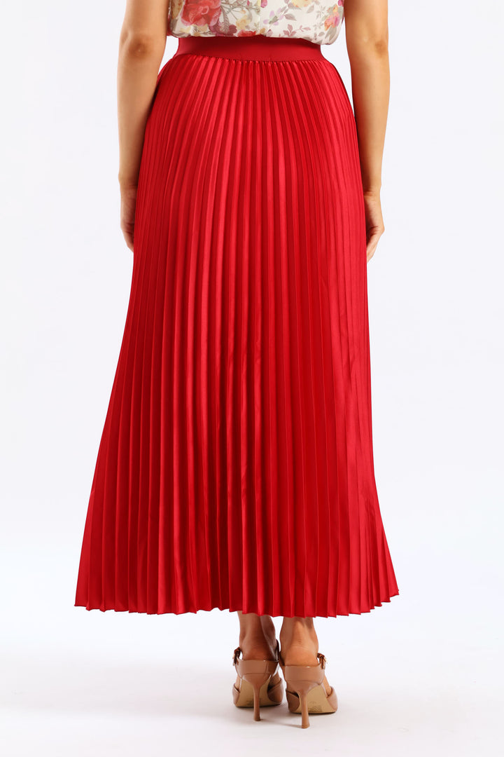 Pleated Satin Maxi Skirt - Red