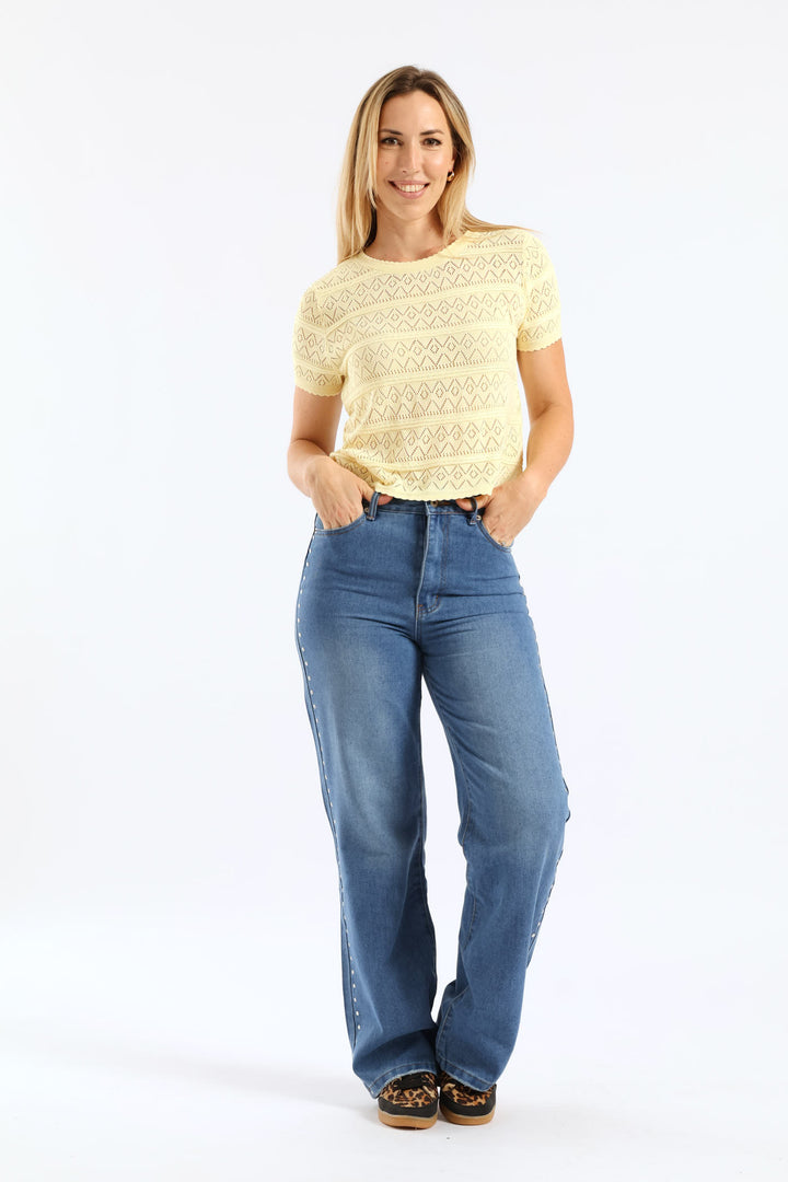 Scalloped Pointelle Detail Knitwear Top - Light Yellow