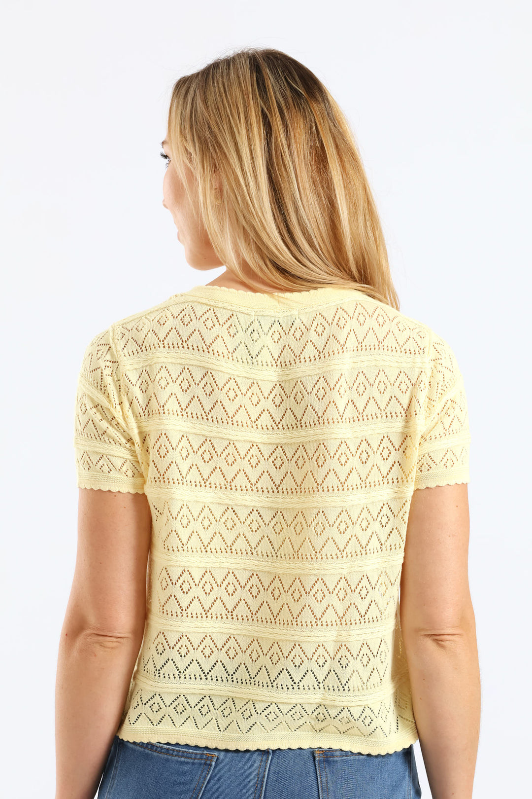 Scalloped Pointelle Detail Knitwear Top - Light Yellow