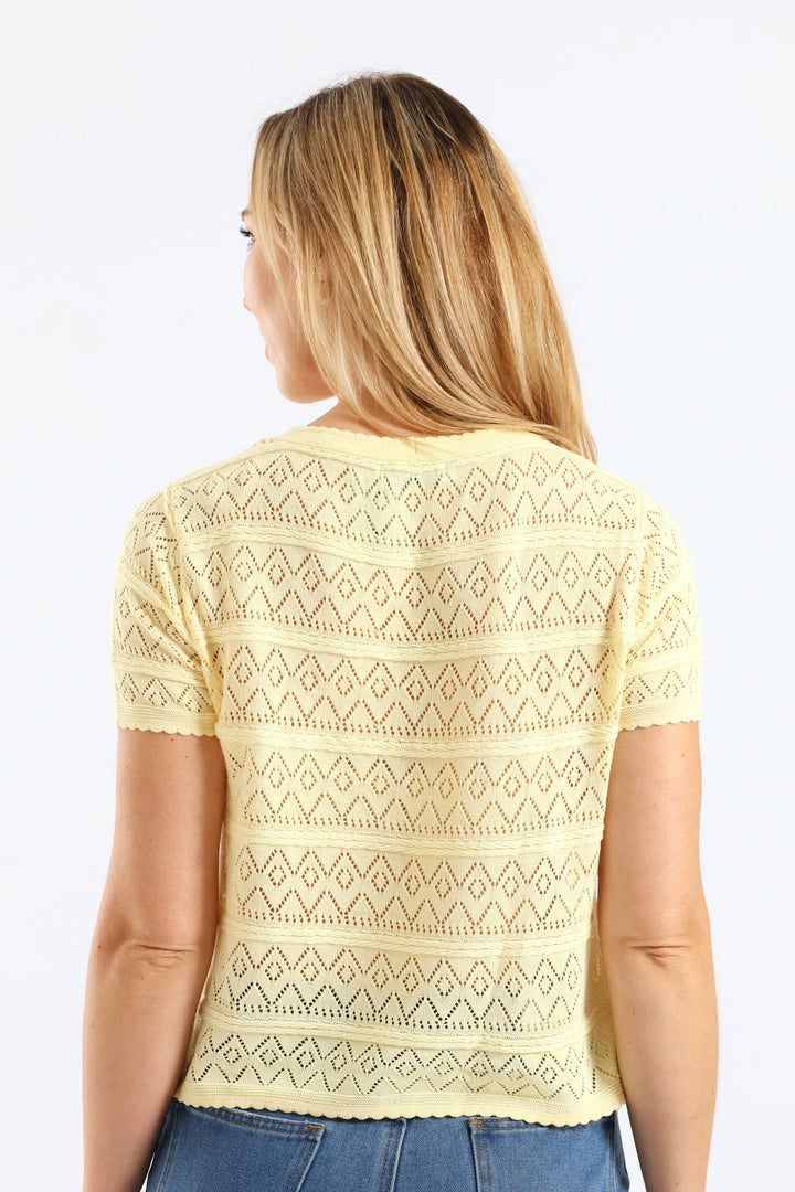Scalloped Pointelle Detail Knitwear Top - Light Yellow