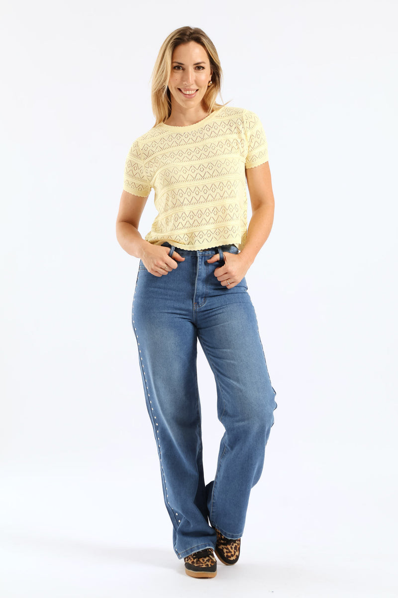 Hi Rise Studded Detail Wide Leg Denim - Mid Wash