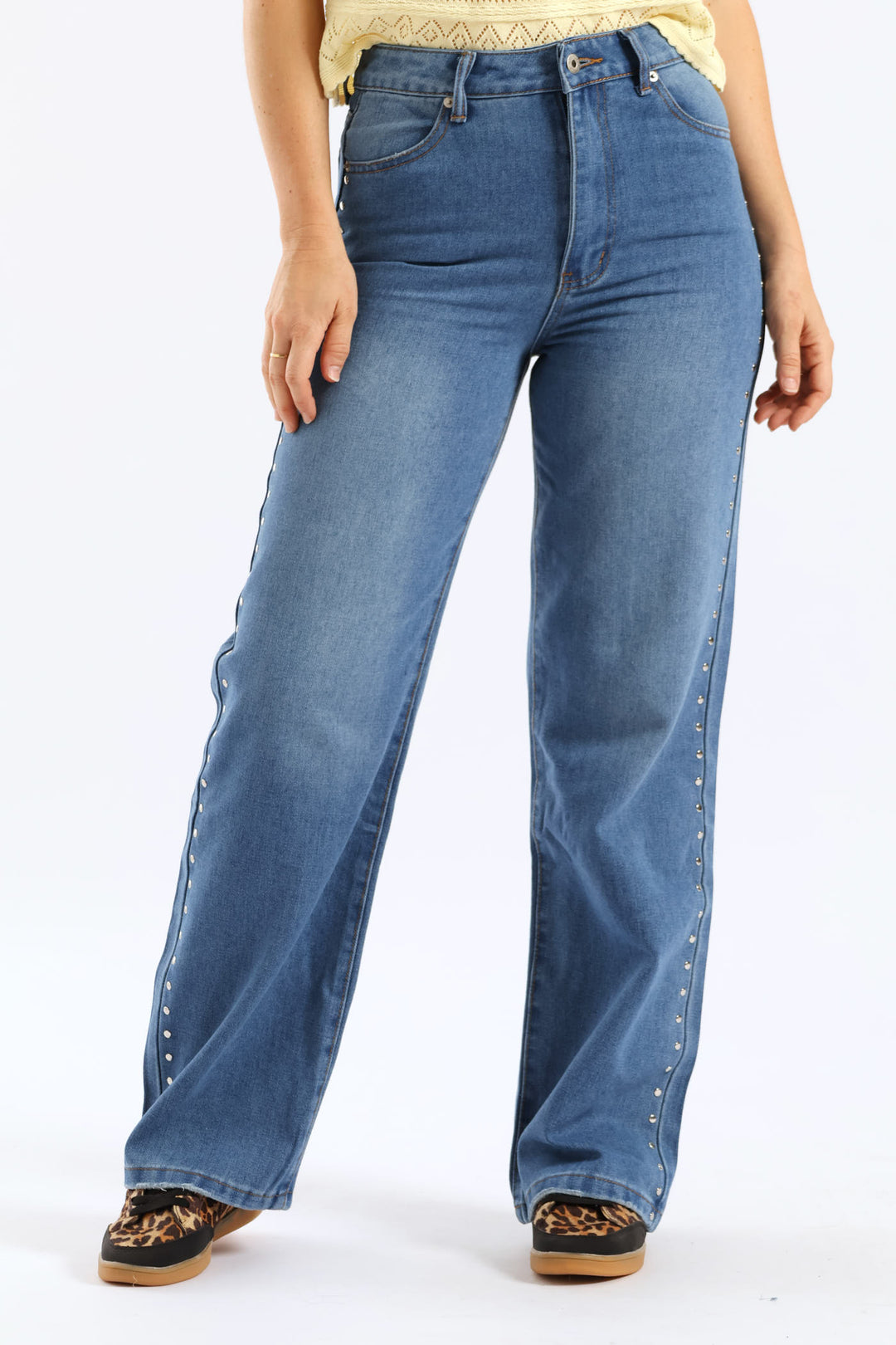 Hi Rise Studded Detail Wide Leg Denim - Mid Wash