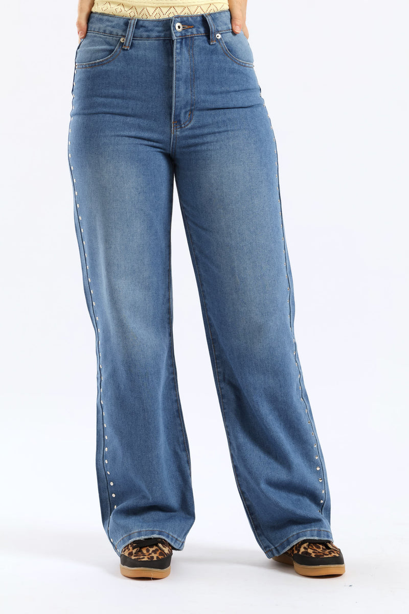 Hi Rise Studded Detail Wide Leg Denim - Mid Wash